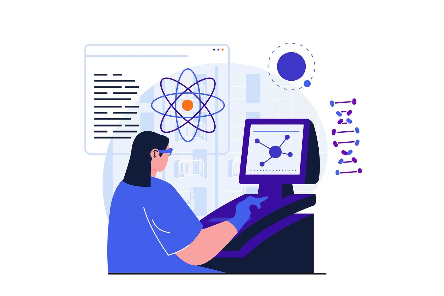 Science research modern flat concept for web banner design. Woman scientist researches atomic structure and analyzes data using computer in laboratory. Vector illustration with isolated people scene