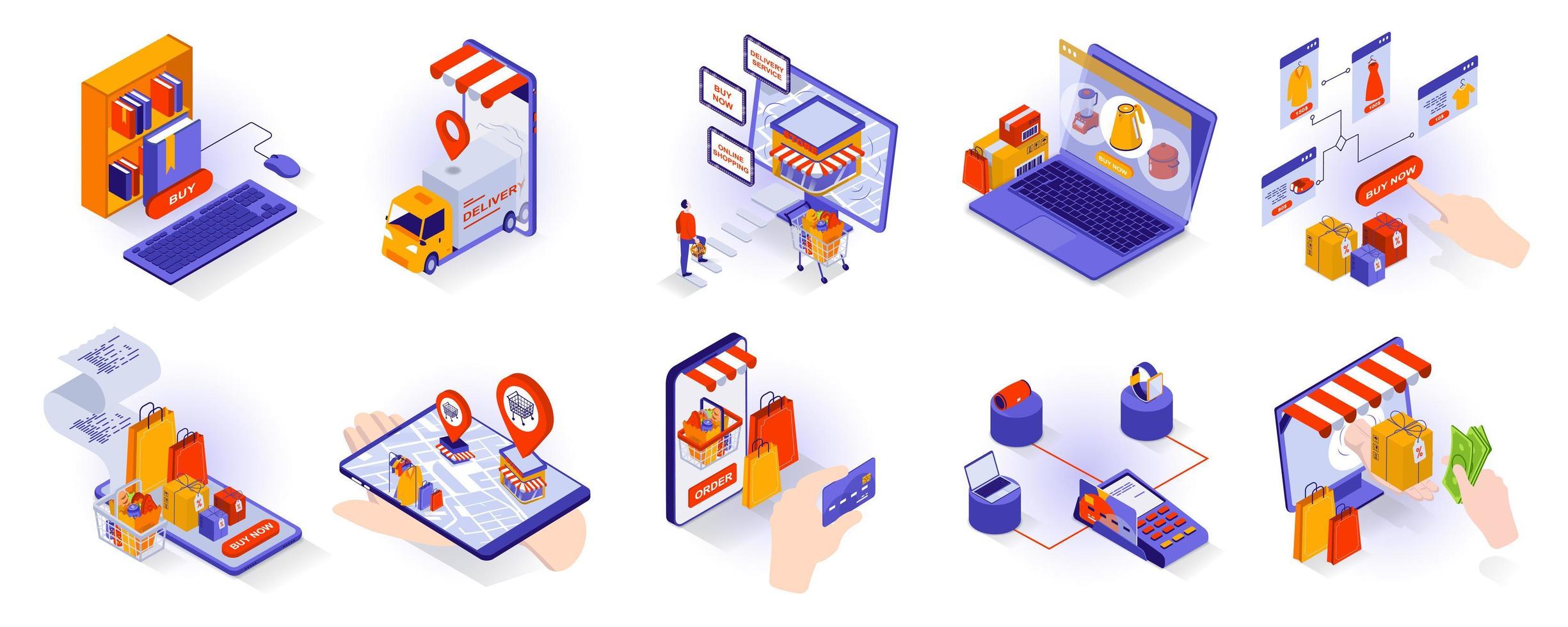 Online shopping concept isometric 3d icons set. Buying books in bookstore online, ordering goods from computer or app, tracking package and paying, isometry isolated collection. Vector illustration