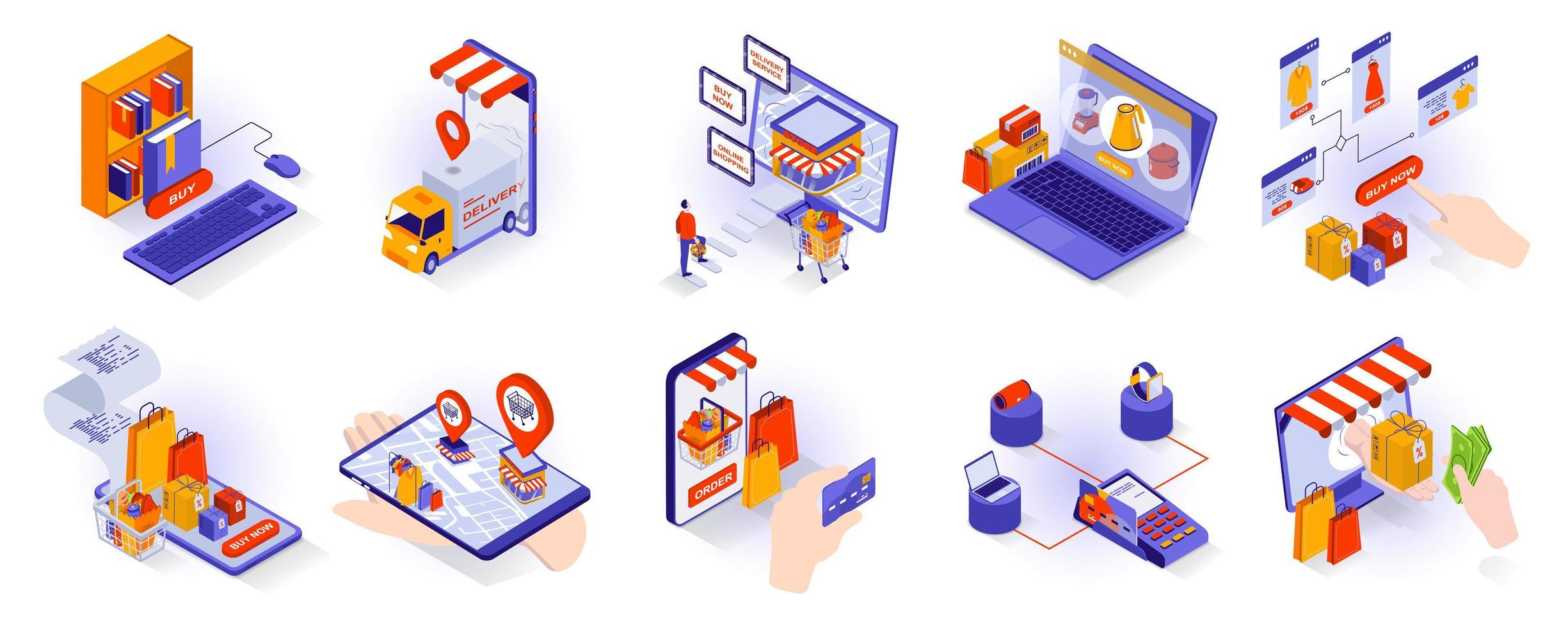 concepto de compras en línea conjunto de iconos 3d isométricos. comprar libros en la librería en línea, pedir productos desde una computadora o aplicación, rastrear el paquete y pagar, colección aislada de isometría. ilustración vectorial vector