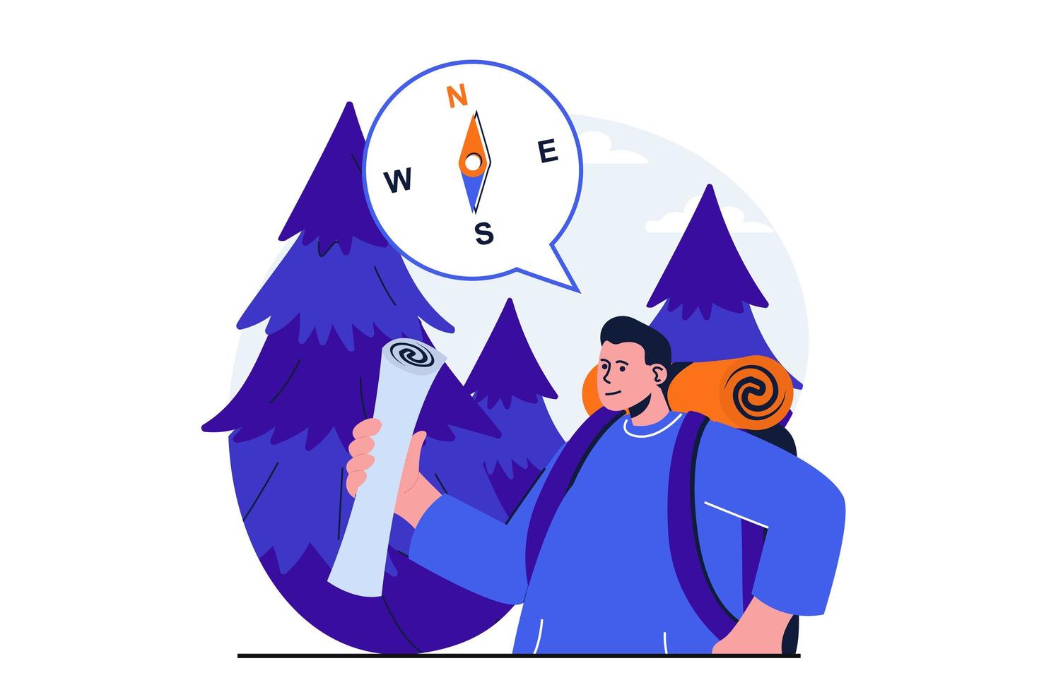 Traveling modern flat concept for web banner design. Man tourist with backpack hiking forest, navigates by compass and map, rest in camping outdoors. Vector illustration with isolated people scene