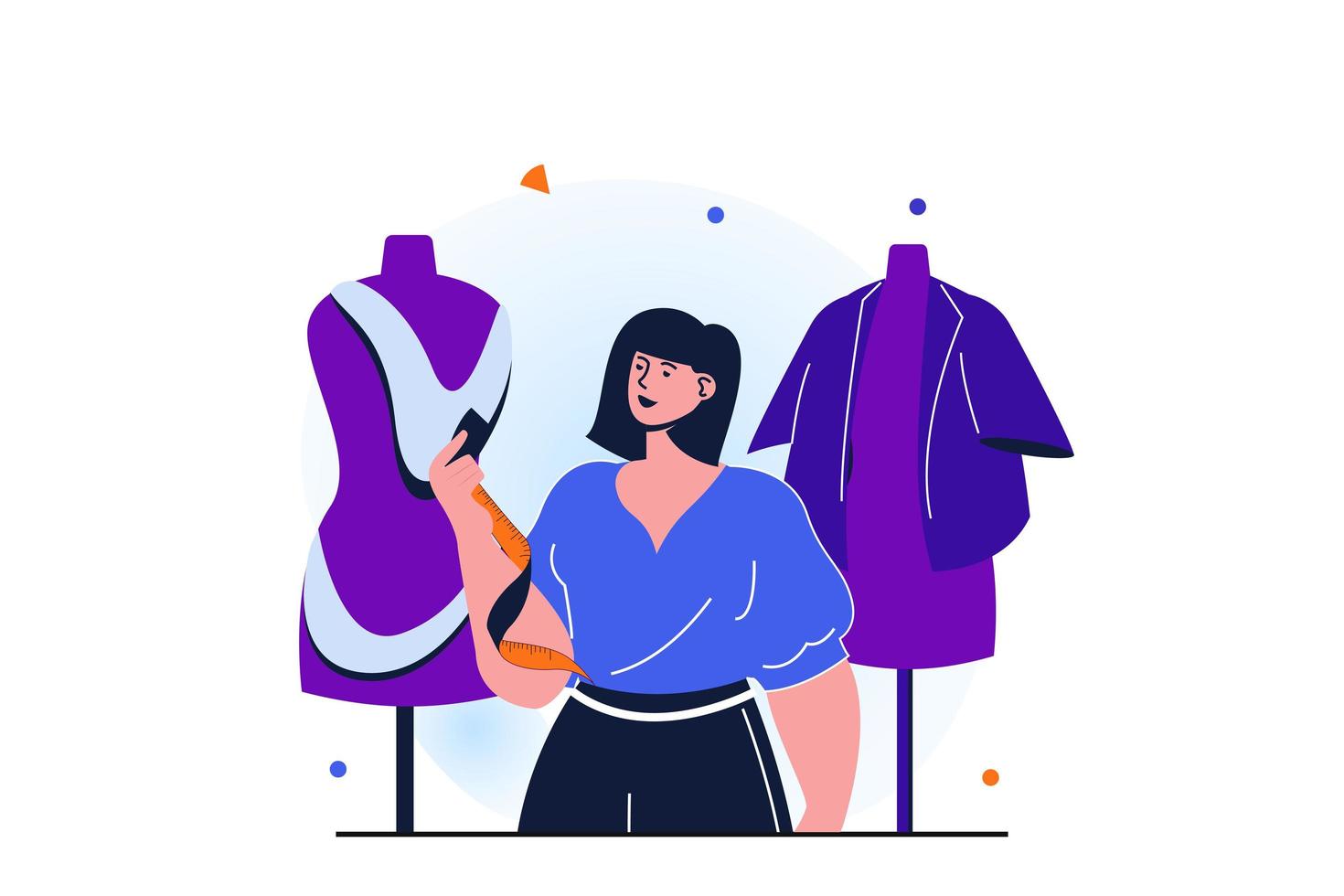 Women working modern flat concept for web banner design. Woman works as tailor and seamstress, creates fashion clothes and outfits in clothing atelier. Vector illustration with isolated people scene