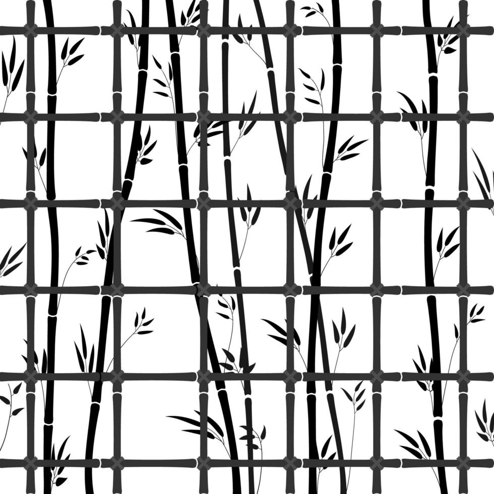 Black bamboo lattice pattern with bamboo stems and leaves. Vector illustration of a closed bamboo forest. Natural background - bamboo lattice window, trellis