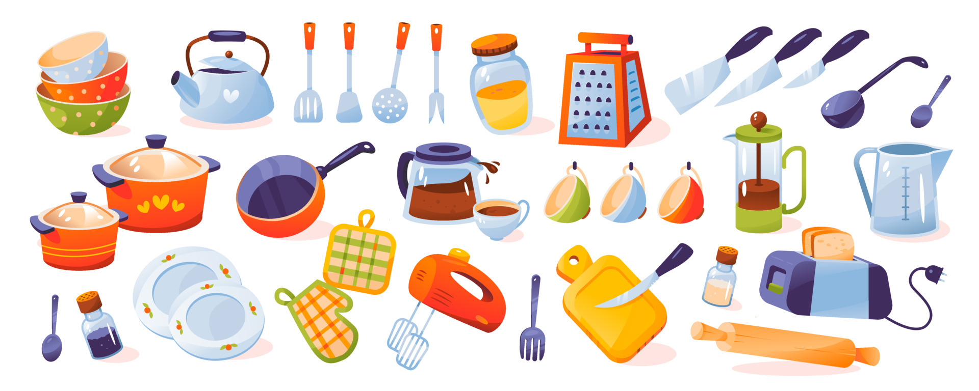Kitchen tools. Kitchen utensils, kettle, plates, saucepan, frying pan, coffee pot, spoons, fork, mug, mixer, toaster. Cartoon vector illustration 5878108 Vector Art at Vecteezy Kitchen tools. Kitchen utensils, kettle, plates, saucepan, frying pan, coffee pot, spoons, fork, mug, mixer, toaster. Cartoon vector illustration 5878108 Vector Art at Vecteezy