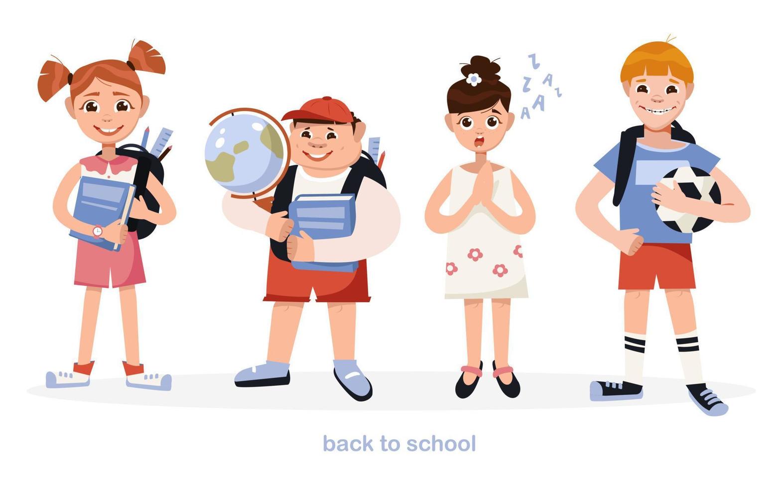 A set of students with school supplies. Students with books, backpacks and a ball. A set of preschoolers, teenage children, characters in different poses, clothes. Back to school. vector