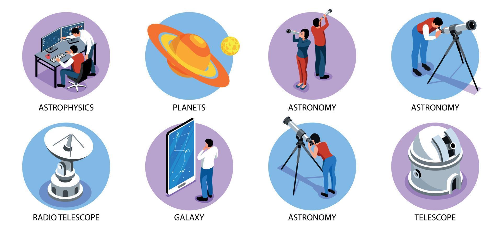 composiciones redondas isométricas de astronomía vector