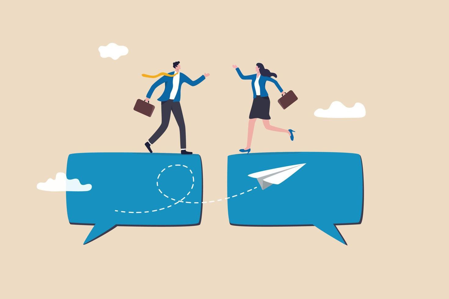 Communication or work discussion, sending message or telling new idea, brainstorming to gather information and solution concept, businessman and woman having conversation on chat speech bubble. vector