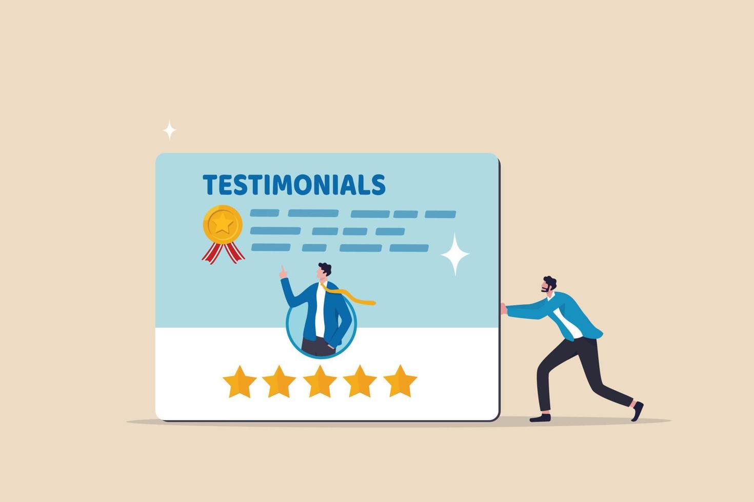 Testimonials client review, customer praise or opinion or feedback giving 5 stars rating, message or positive comment, quality service concept, businessman pushing testimonial card with good reviews. vector