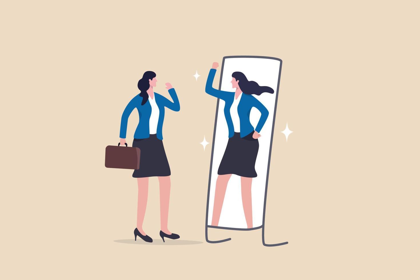 Self confidence and self esteem, motivation to success, positive thinking to boost confident and believe in yourself concept, businesswoman look at her strong confidence reflection in the mirror. vector
