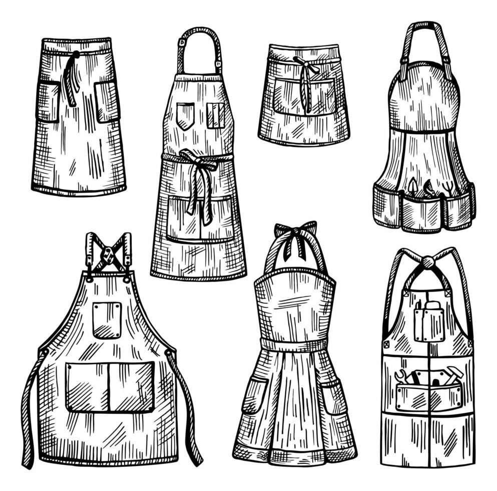 Set aprons sketch isolated. Chef inventory, housewife,barista, handyman, gardener in hand drawn style. vector