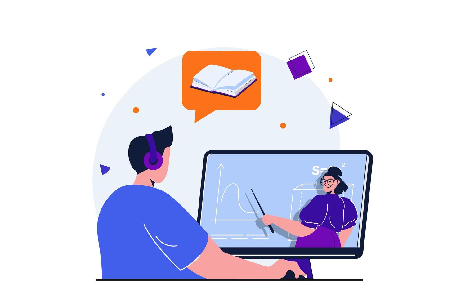 Back to school modern flat concept for web banner design. Teenager student watches video lecture on mathematics and gains new knowledge, doing homework. Vector illustration with isolated people scene