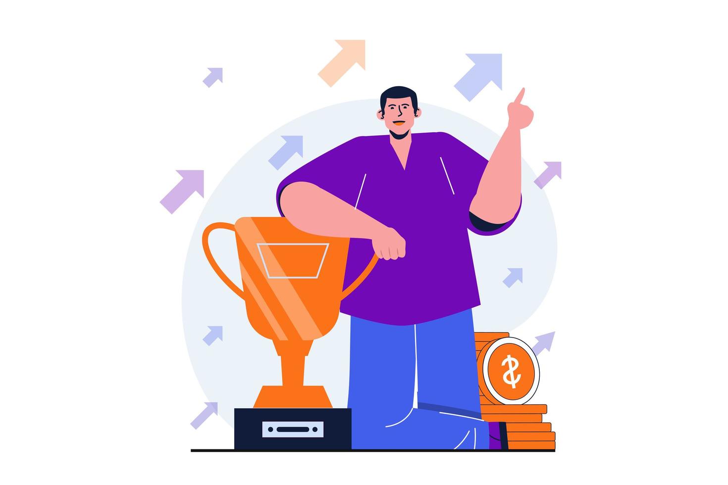 premio empresarial moderno concepto plano para diseño de banner web. el empresario recibe una copa de oro, celebra el triunfo. el hombre feliz logra metas, desarrolla carrera. ilustración vectorial con escena de personas aisladas vector