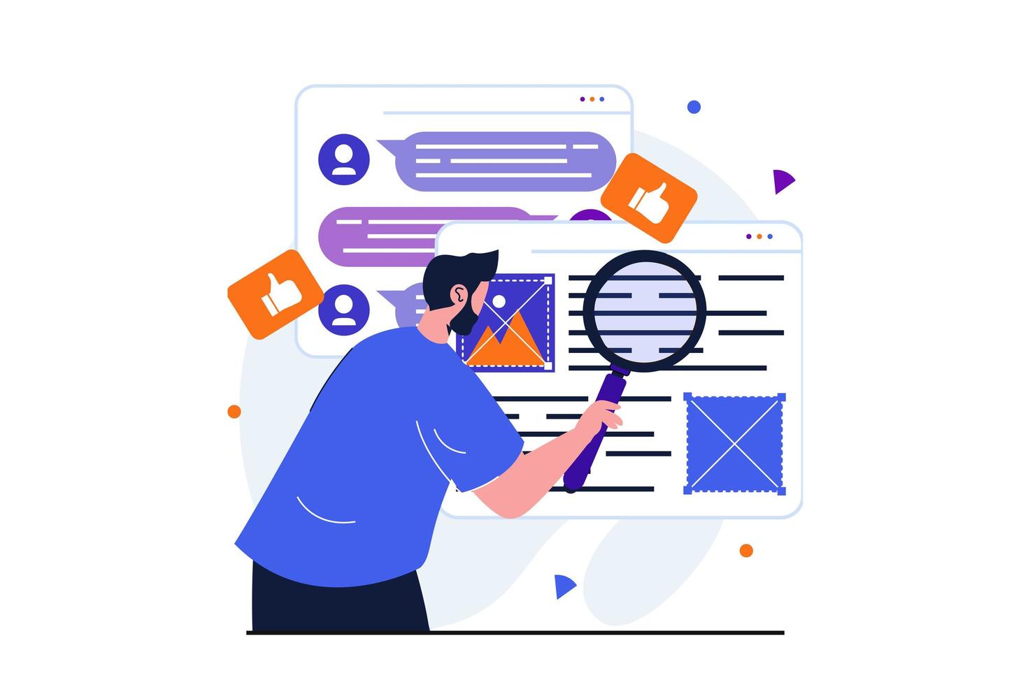 Content manager modern flat concept for web banner design. Man creates layout of site, studies feedback of followers, develops and organizes page mockup. Vector illustration with isolated people scene