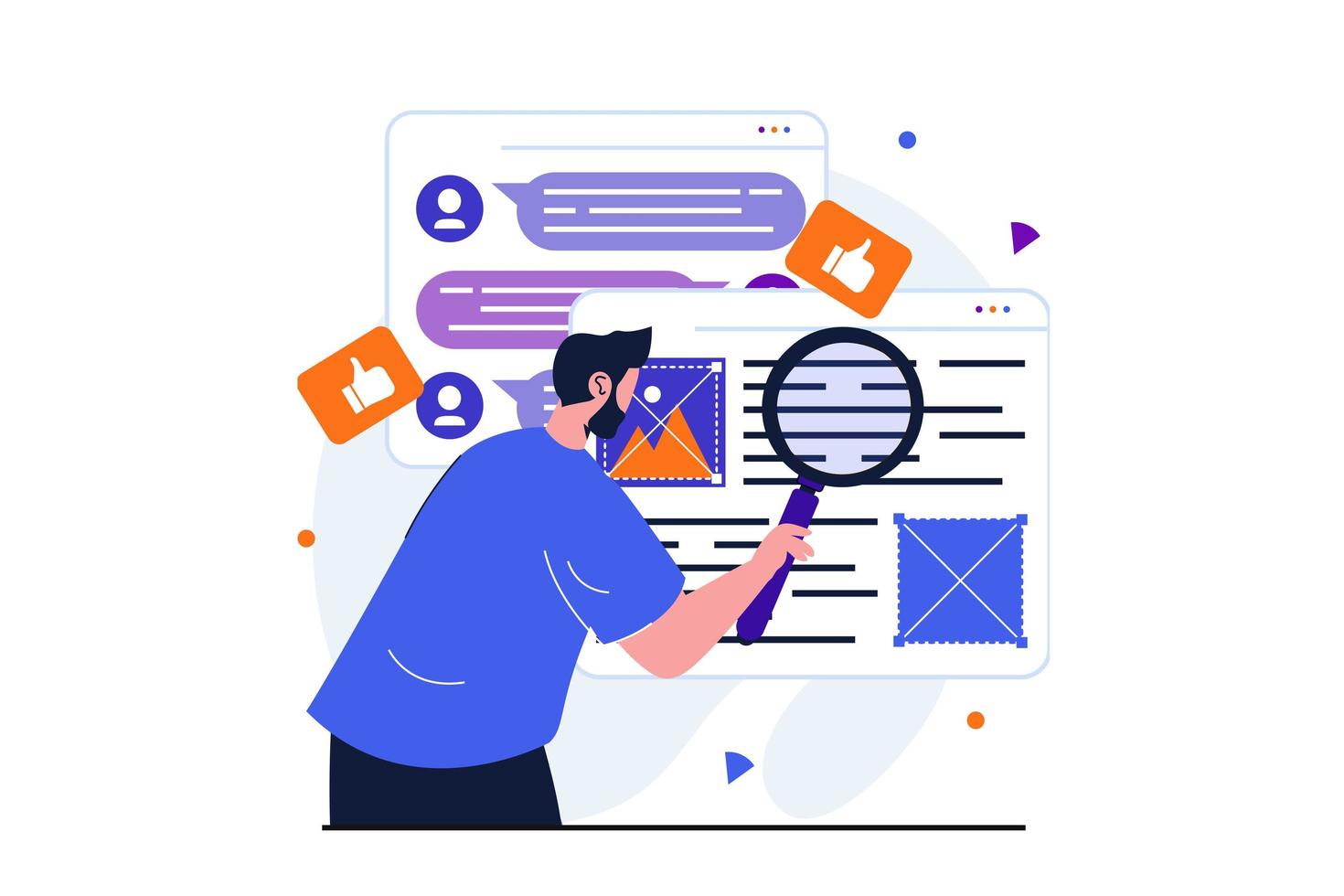 administrador de contenido concepto plano moderno para diseño de banner web. man crea el diseño del sitio, estudia los comentarios de los seguidores, desarrolla y organiza la maqueta de la página. ilustración vectorial con escena de personas aisladas vector