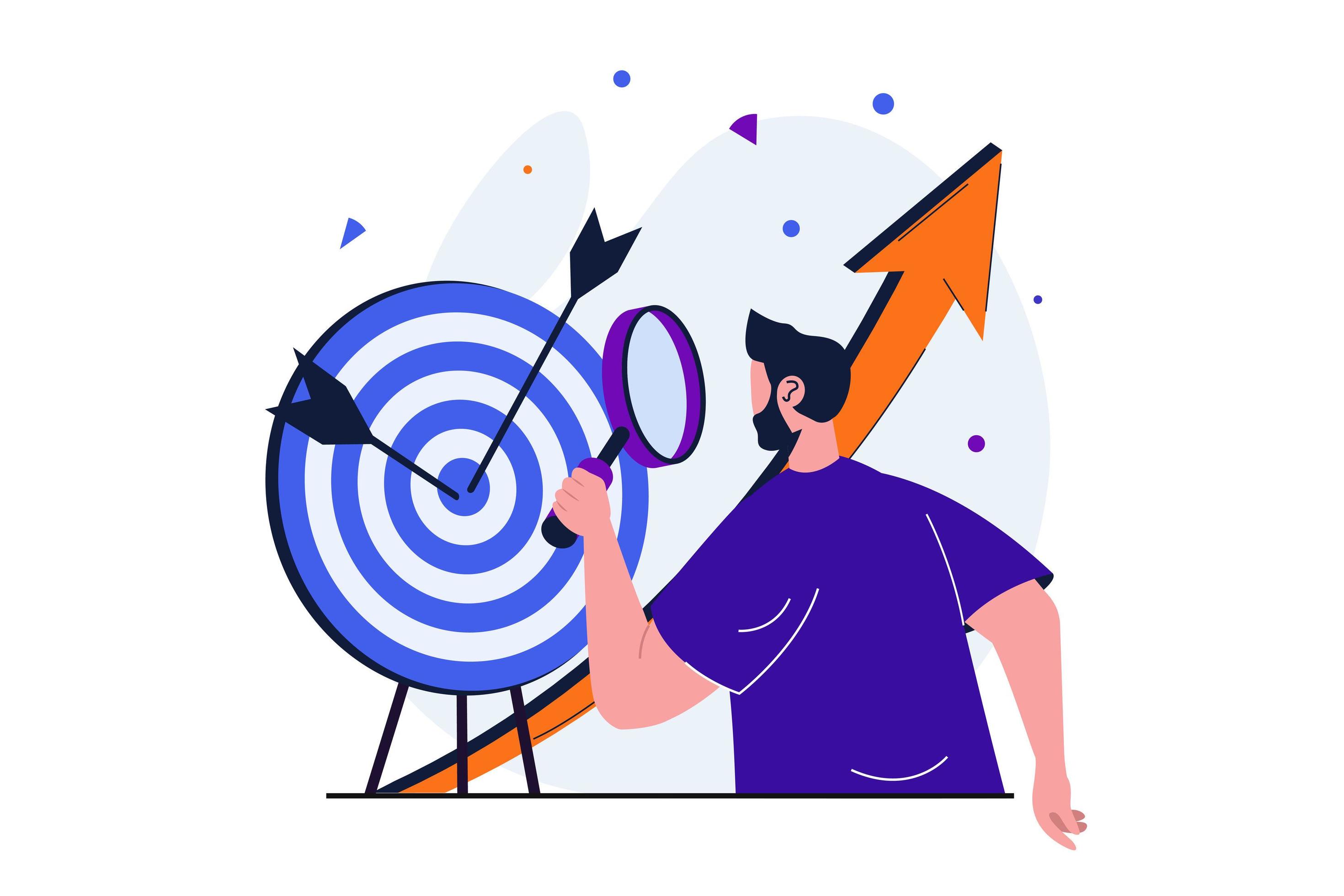 Business target modern flat concept for web banner design. Businessman studies target audience
