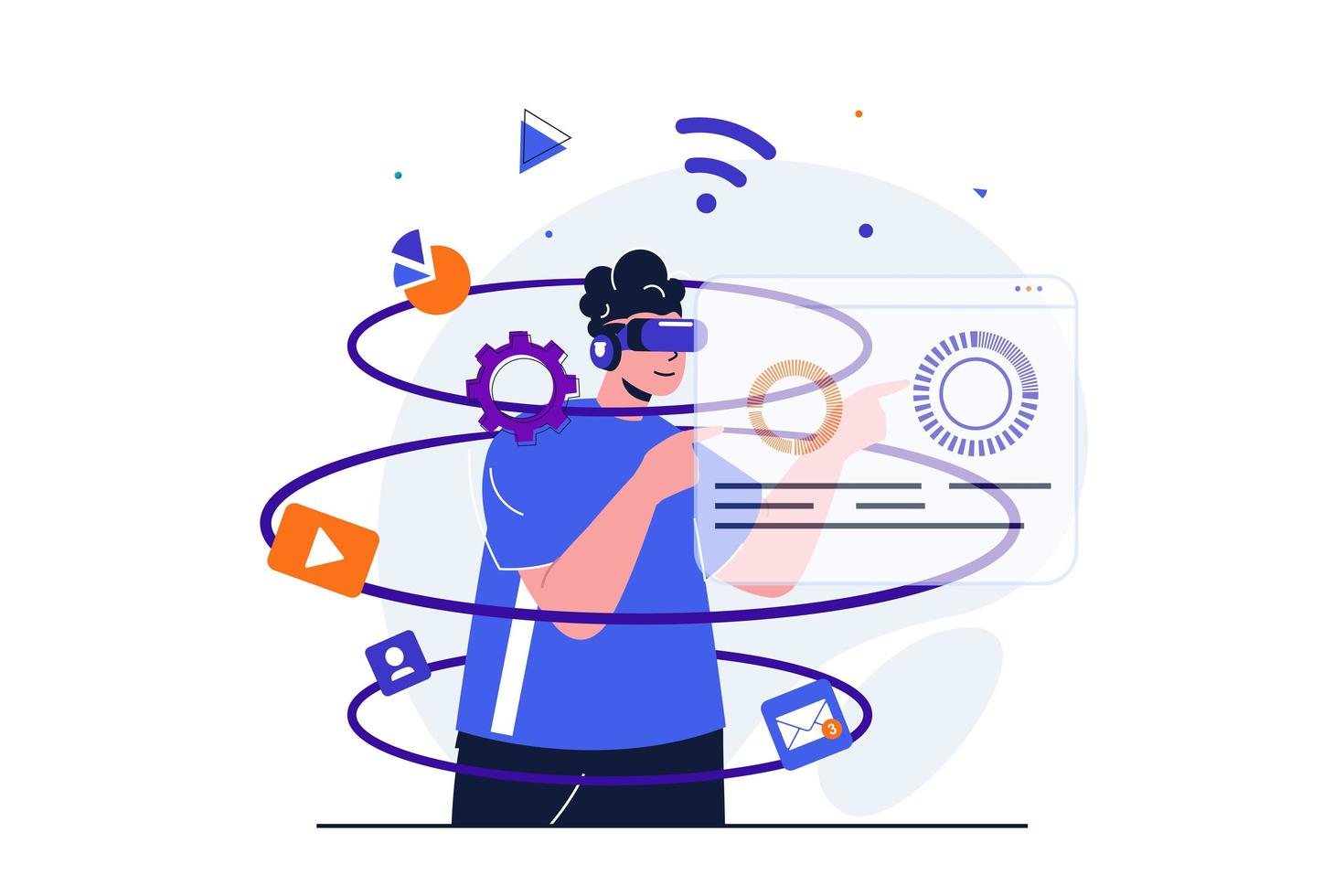Cyberspace modern flat concept for web banner design. Man in VR glasses explores augmented reality on simulated dashboard. Cyber technology education. Vector illustration with isolated people scene