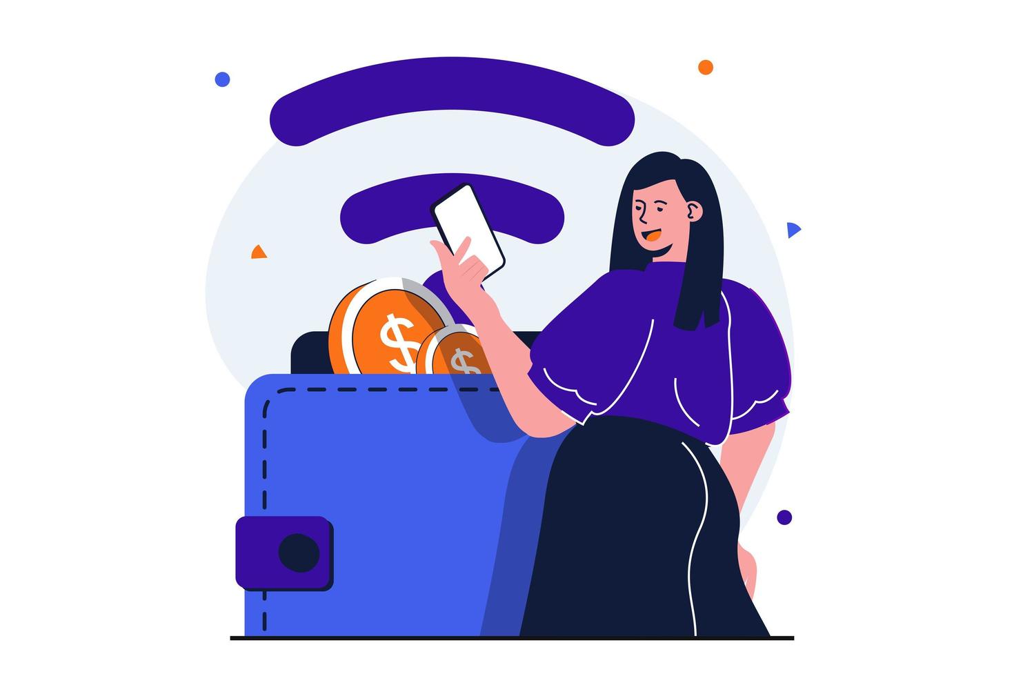 Online payment modern flat concept for web banner design. Woman pays for purchases with account, uses wireless cashless technologies in mobile phone. Vector illustration with isolated people scene