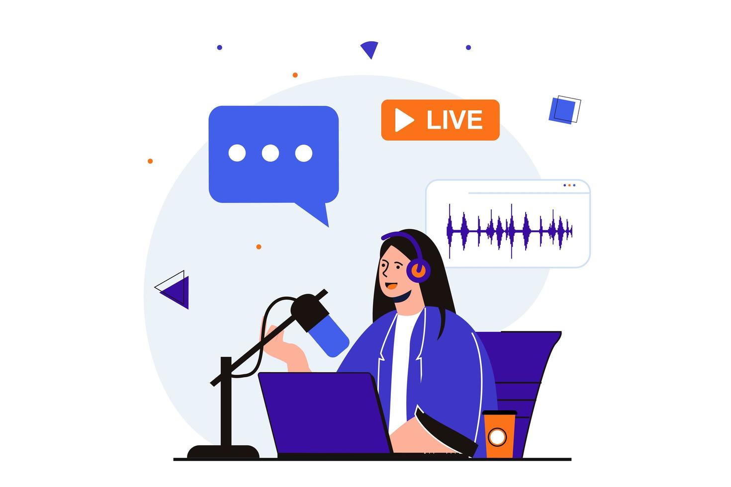 transmisión de podcast concepto plano moderno para diseño de banner web. mujer graba audio y habla en el micrófono en el estudio, transmitiendo en vivo por radio. ilustración vectorial con escena de personas aisladas vector