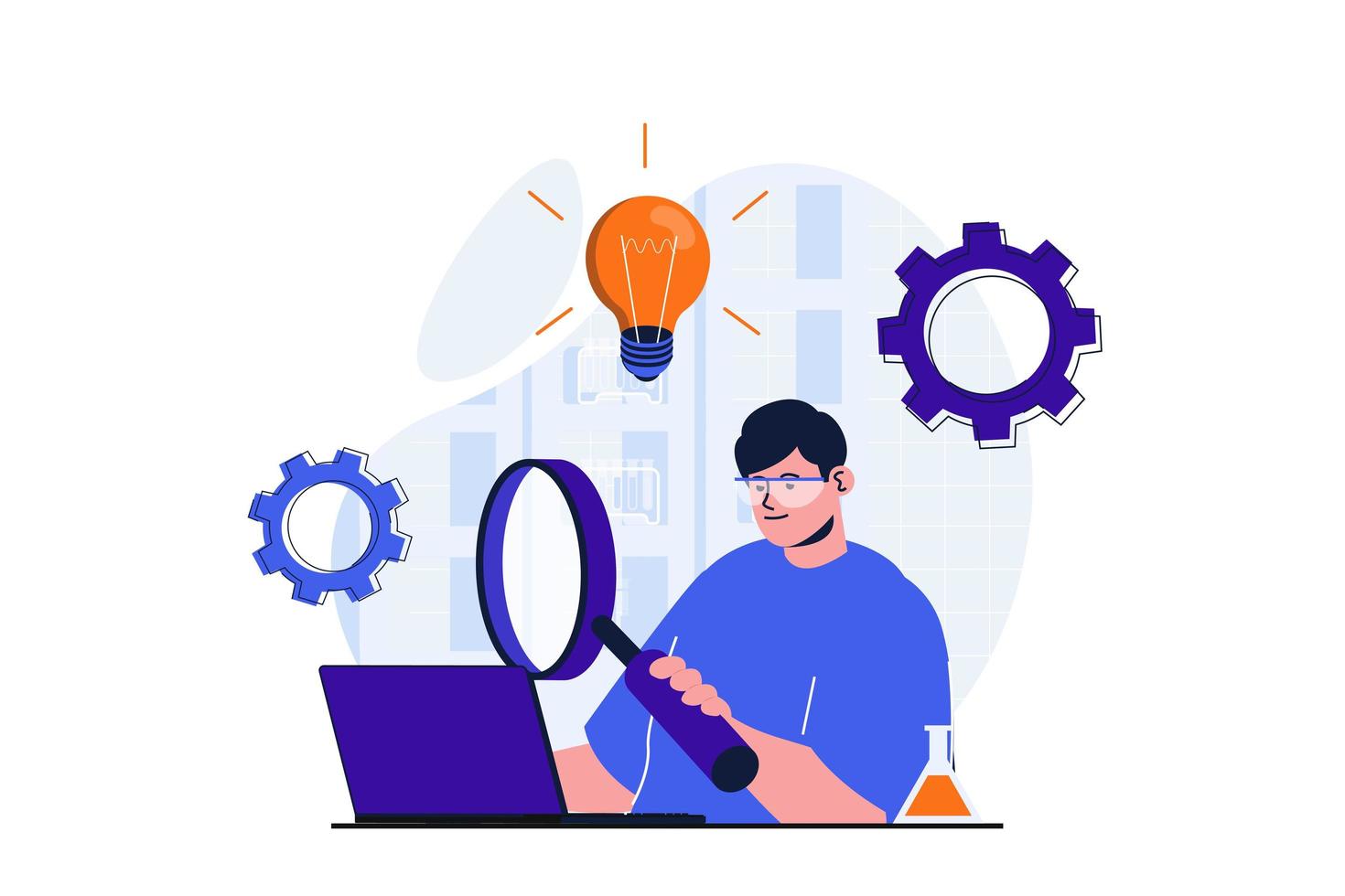 Science research modern flat concept for web banner design. Man explores and makes discoveries, generates new ideas and gains knowledge on laptop. Vector illustration with isolated people scene