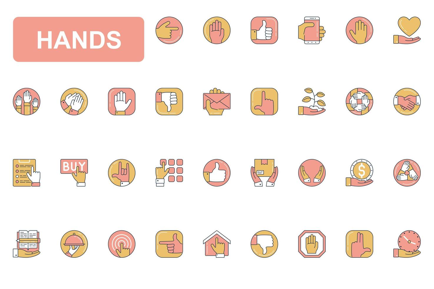 Hands concept simple line icons set. Pack outline pictograms of human hands showing different gestures. Signs ok, up, hold, stop, like, dislike and other. Vector elements for mobile app and web design