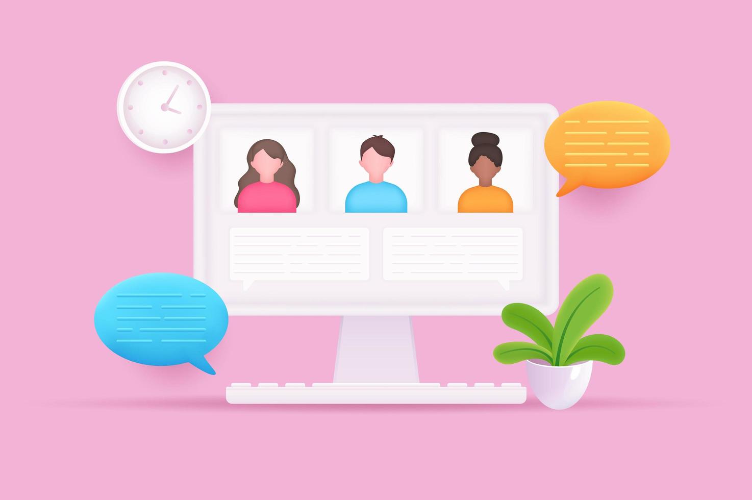 Video conference concept 3D illustration. Icon composition with people talking in online meeting at computer screen. Virtual chat with colleagues or friends. Vector illustration for modern web design