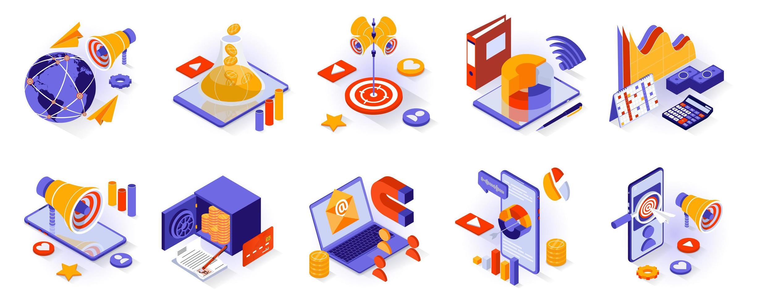 Business and marketing concept isometric 3d icons set. Global promotion, sales funnel and profit growth, data analytics, banking, online advertising isometry isolated collection. Vector illustration