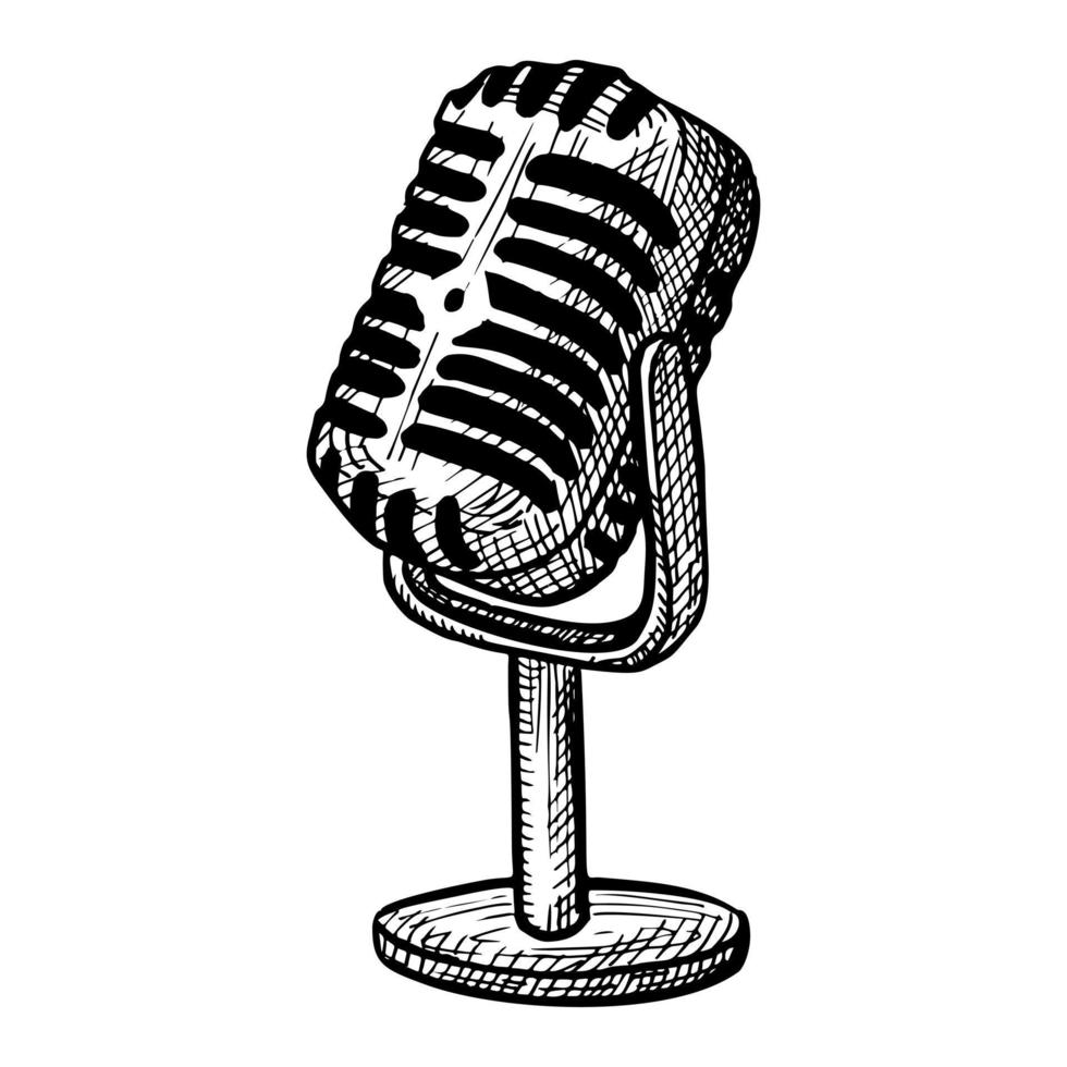 Retro microphone sketch isolated. Music equipment for karaoke in hand drawn style. vector