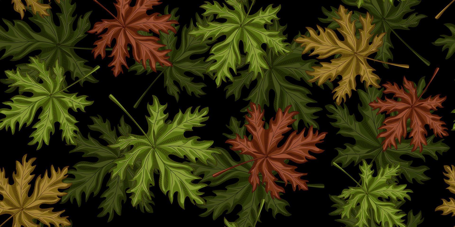 Leaf seamless pattern on black background. Retro tropical plants in engraving style. vector