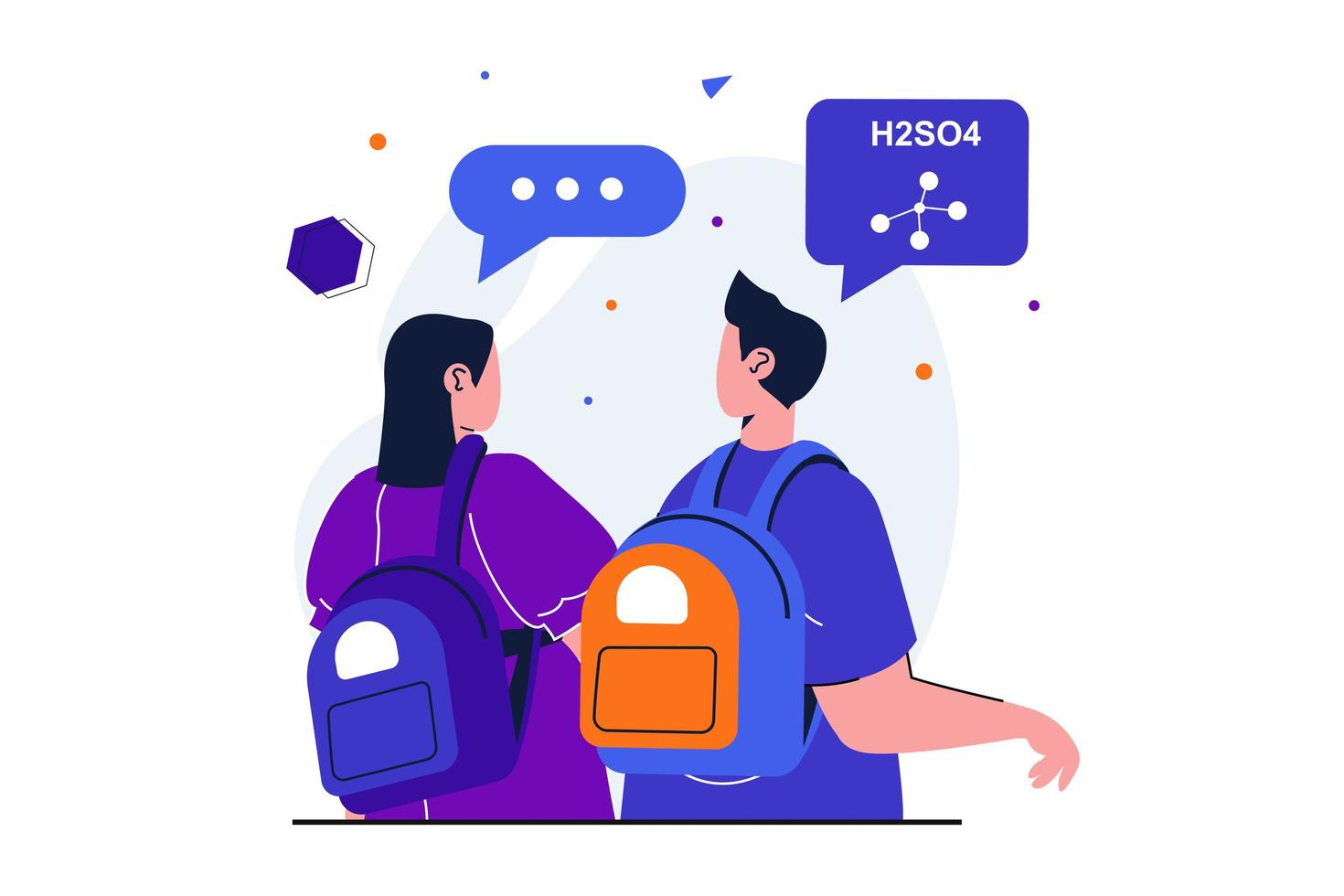 Back to school modern flat concept for web banner design. Classmates discuss chemistry and talk before lessons. Boy and girl with backpacks go to class. Vector illustration with isolated people scene