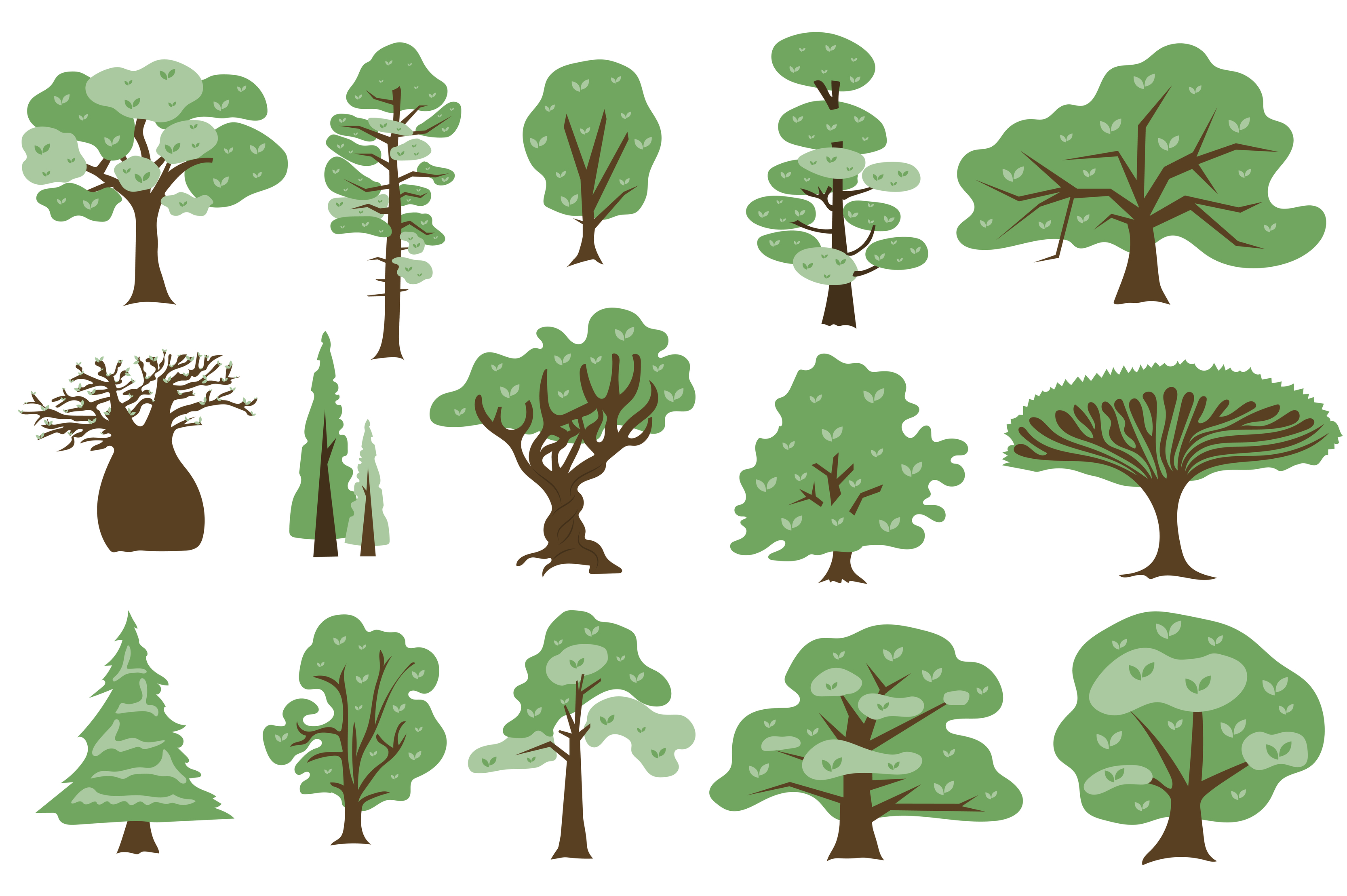 colección de concepto de árboles verdes en diseño de dibujos animados planos. diferentes tipos de árboles de hoja caduca y coníferas con copa verde. plantas de parques, jardines y bosques establecen elementos colección de concepto de árboles verdes en diseño de dibujos animados planos. diferentes tipos de árboles de hoja caduca y coníferas con copa verde. plantas de parques, jardines y bosques establecen elementos