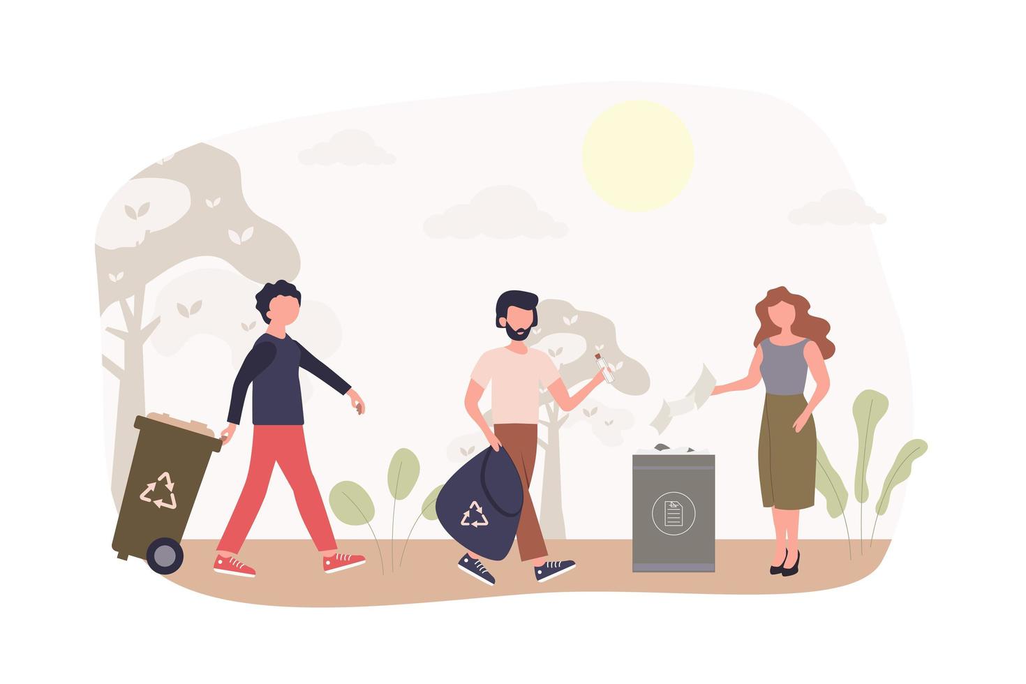 Waste recycling and environmental protection modern flat concept. People collect garbage in bins and bags and hand it over for reuse service. Vector illustration with human scene for web banner design