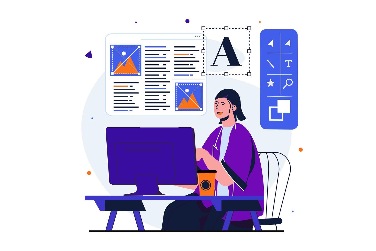 estudio de diseñador moderno concepto plano para diseño de banner web. la mujer trabaja en la computadora, desarrolla el diseño y la usabilidad del sitio, trabaja con imágenes y texto. ilustración vectorial con escena de personas aisladas vector