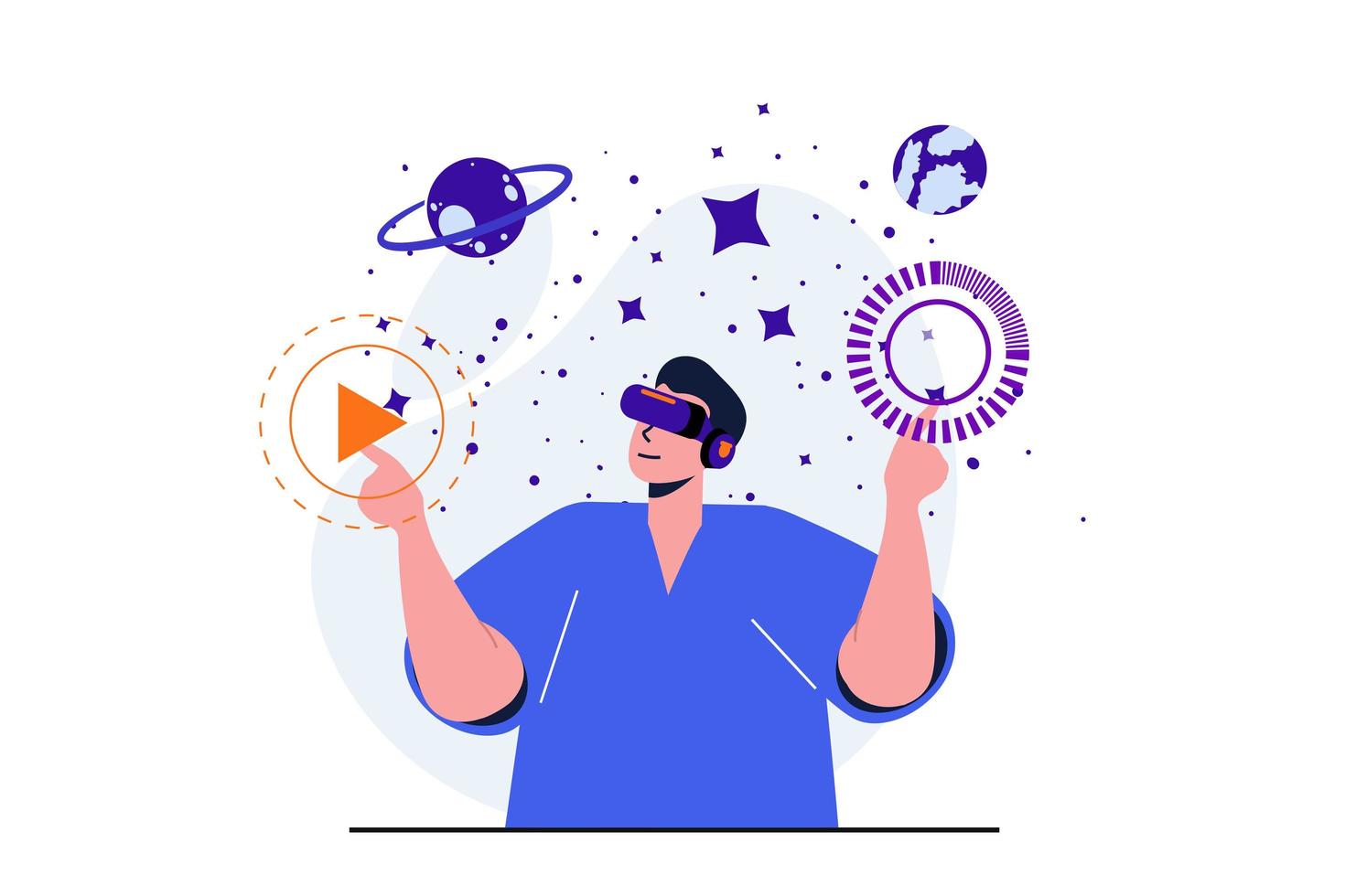 Cyberspace modern flat concept for web banner design. Man in VR headset interacts with buttons and multimedia elements in simulated space with planets. Vector illustration with isolated people scene