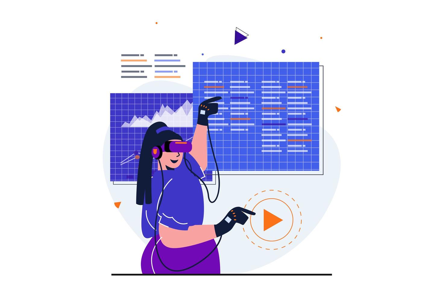 Cyberspace modern flat concept for web banner design. Woman in VR glasses and gloves working and programming at simulated dashboard in virtual reality. Vector illustration with isolated people scene