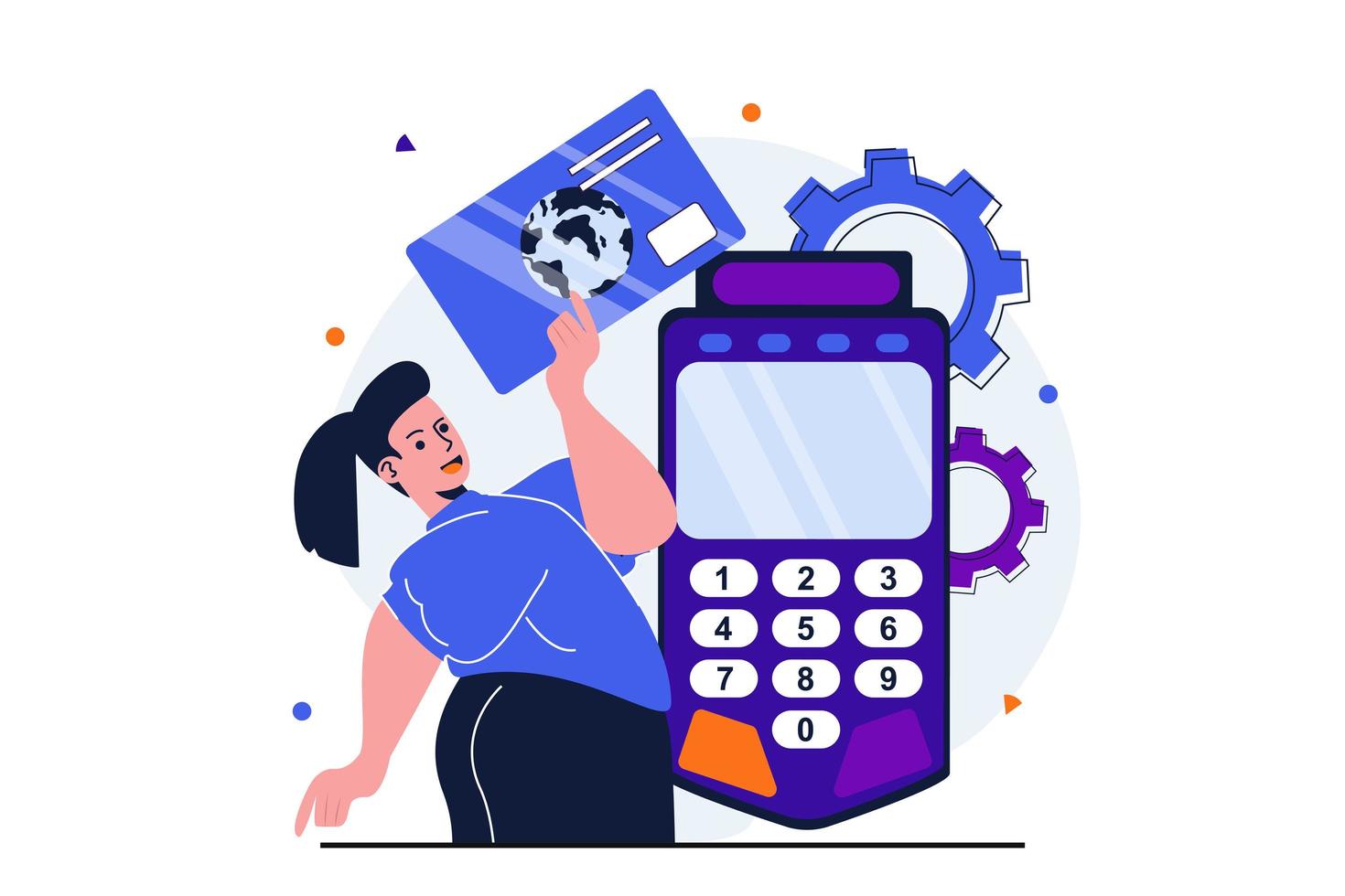 Online payment modern flat concept for web banner design. Woman pays for purchases with credit card and manages spending, counting money on calculator. Vector illustration with isolated people scene