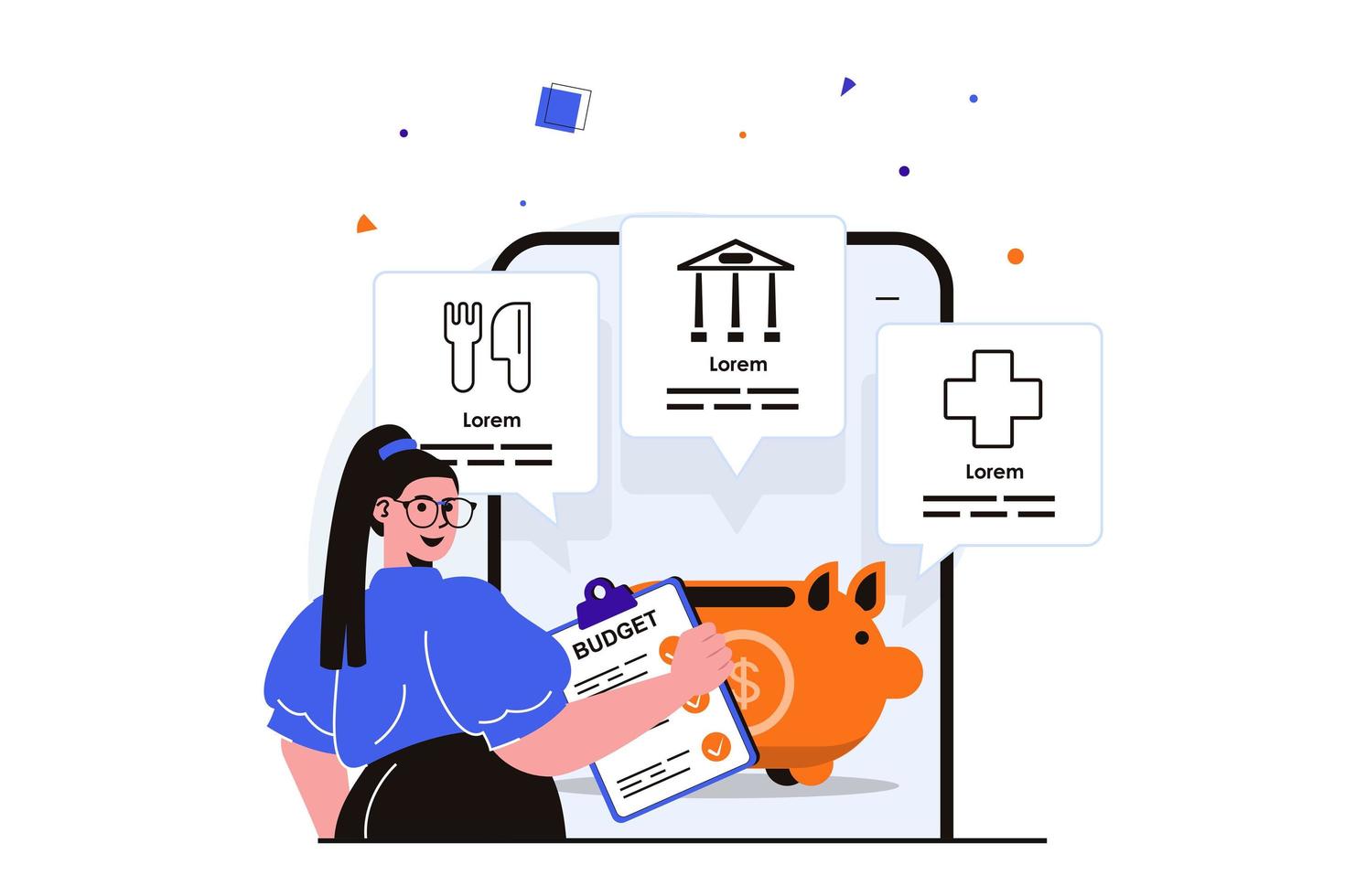 Planning financial budget modern flat concept for web banner design. Woman studies items of expenditure in budget, saves money, pays taxes, accounting. Vector illustration with isolated people scene