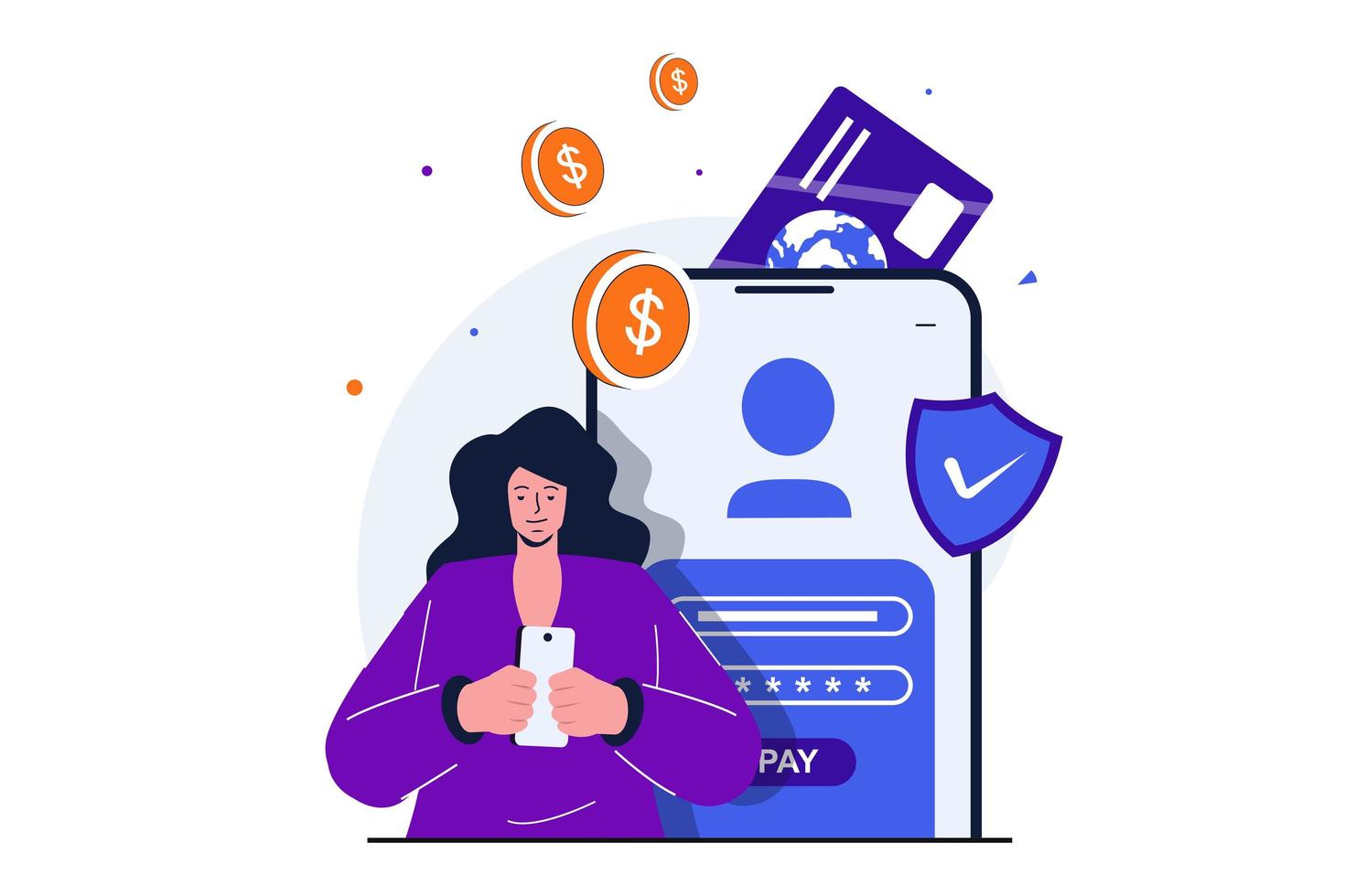 Secure payment modern flat concept for web banner design. Woman logs into online banking account using password and manages her credit card in app. Vector illustration with isolated people scene