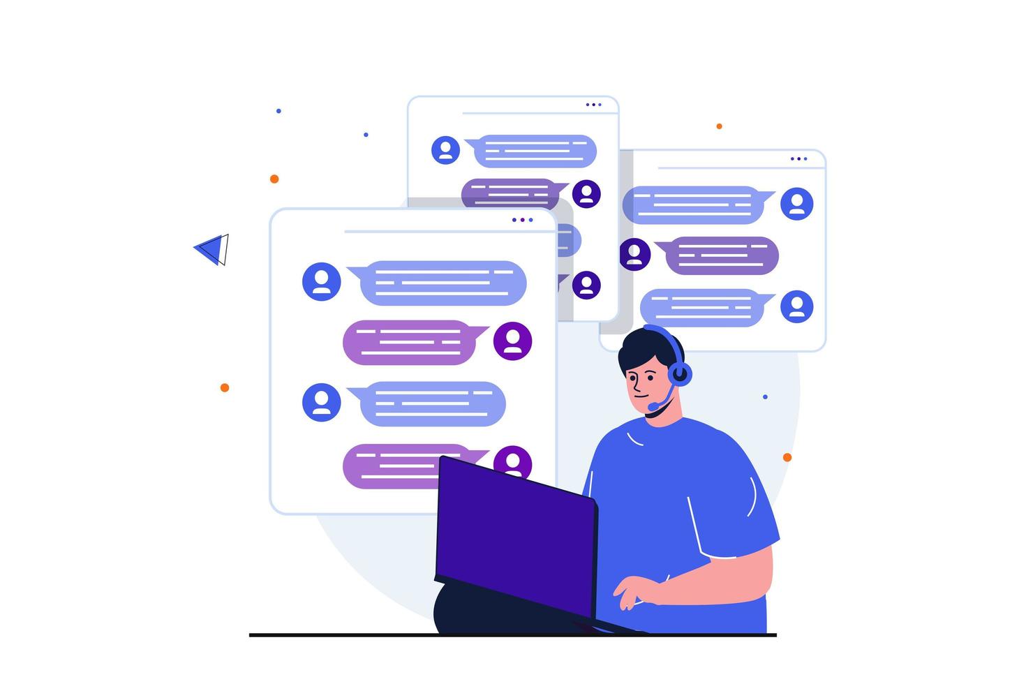 asistente virtual concepto plano moderno para diseño de banner web. el hombre en auriculares chatea con el cliente en messenger, ayuda a resolver problemas y da consejos. ilustración vectorial con escena de personas aisladas vector