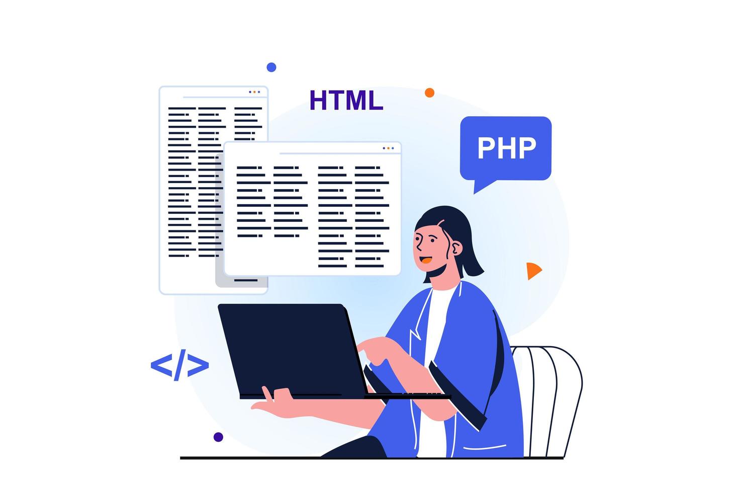 mujeres que trabajan en un concepto plano moderno para el diseño de banners web. mujer trabaja como programadora, desarrolla programas, escribe código en html y php, trabaja en la industria de TI. ilustración vectorial con escena de personas aisladas vector