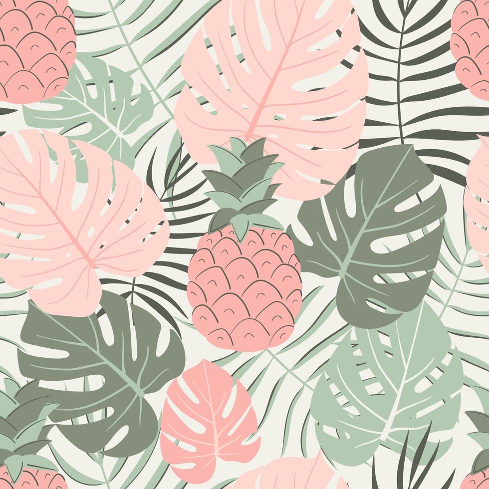 Tropical leaves and pineapple seamless pattern vector