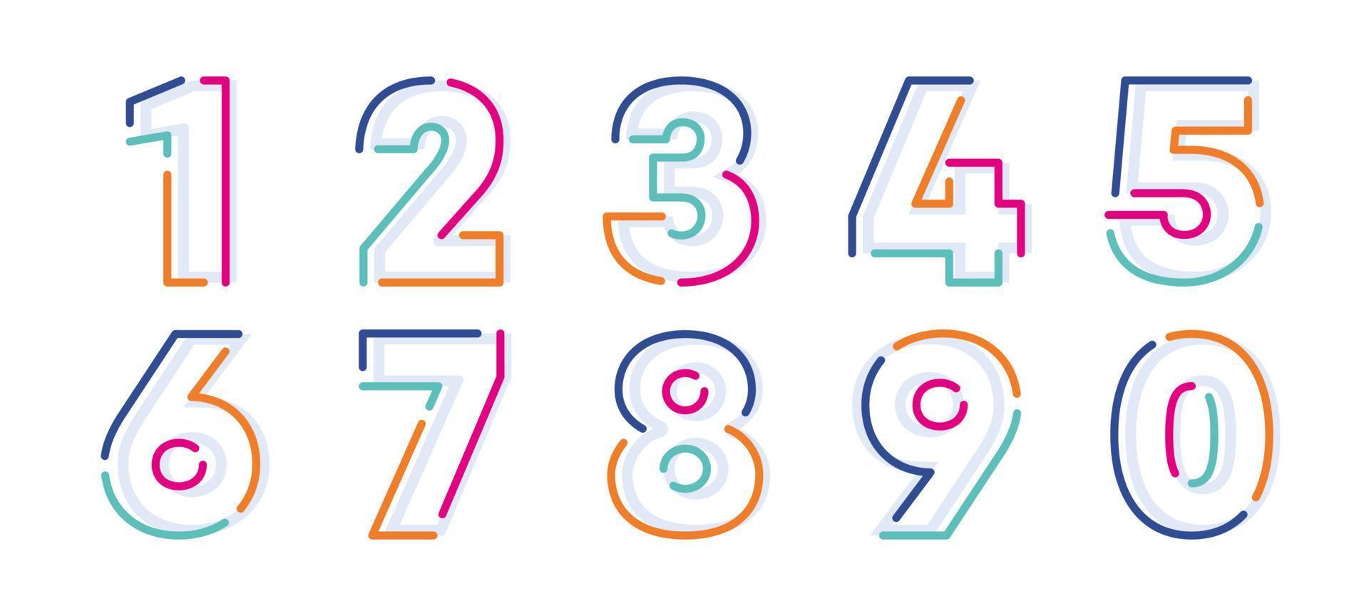 Abstract numbers, colorful linear set. Modern numeric lines with new pop art colors. Font number template. Set thin line clean style to design. vector