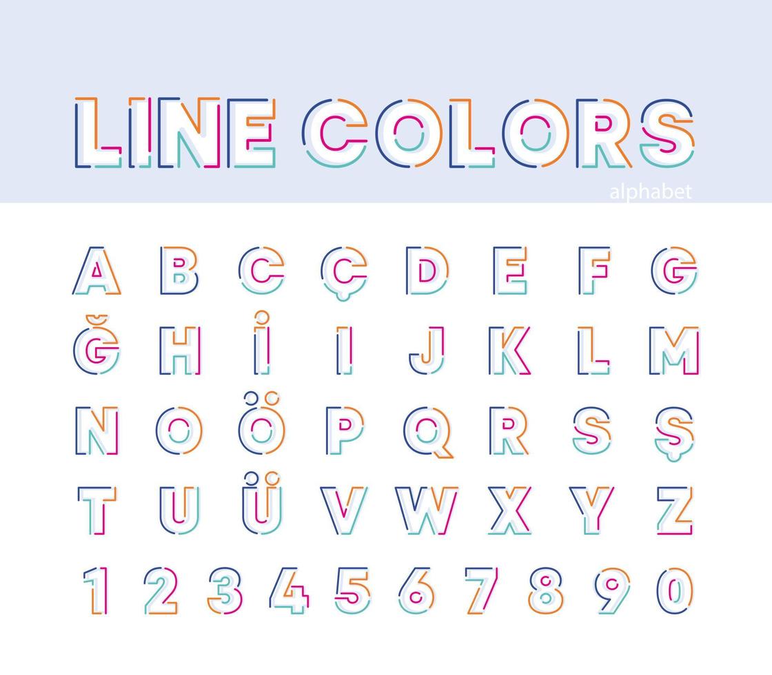alfabeto creativo abstracto, conjunto de alfabeto lineal colorido. líneas modernas del alfabeto con nuevos colores de arte pop. plantilla de número de fuente. establezca un estilo limpio de línea delgada para el diseño. vector
