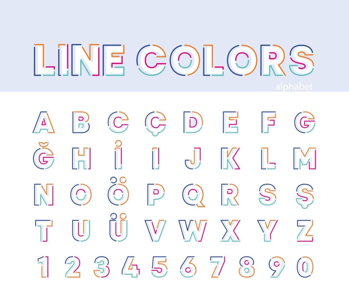 Abstract creative alphabet, colorful linear alphabet set. Modern alphabet lines with new pop art colors. Font number template. Set thin line clean style to design. vector