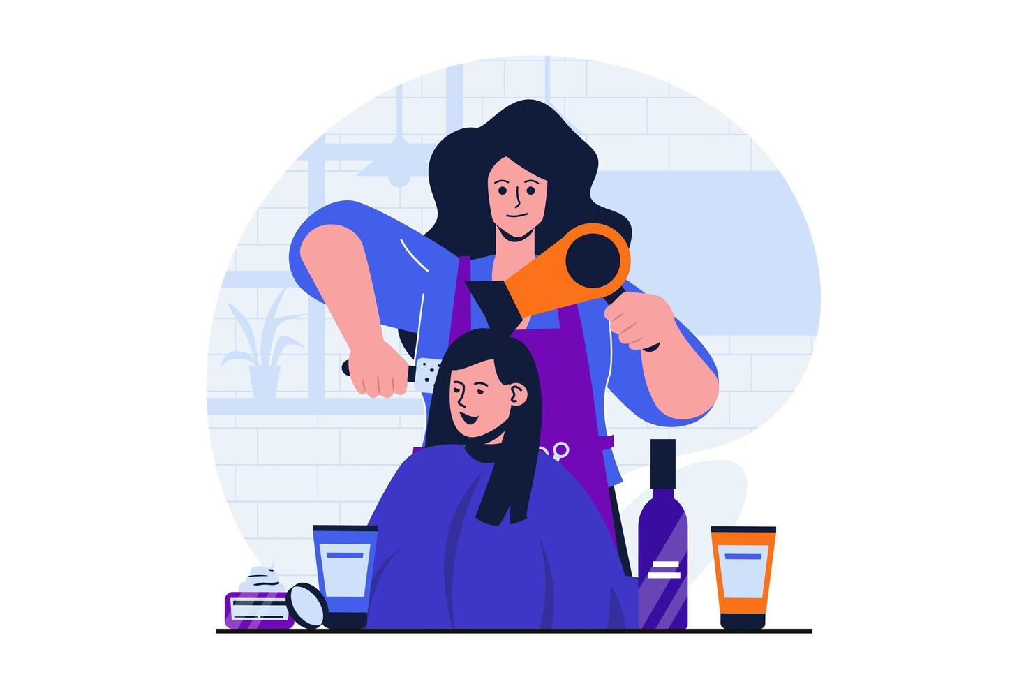 Beauty salon modern flat concept for web banner design. Hairdresser dries hair with hairdryer to client and does styling. Woman gets haircut in studio. Vector illustration with isolated people scene