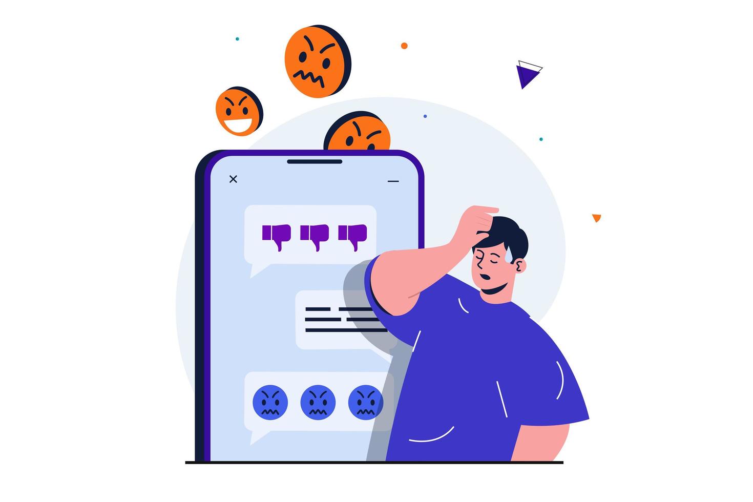 Bullying modern flat concept for web banner design. Upset man receives angry and negative chat messages and suffers from social media cyberbullying. Vector illustration with isolated people scene