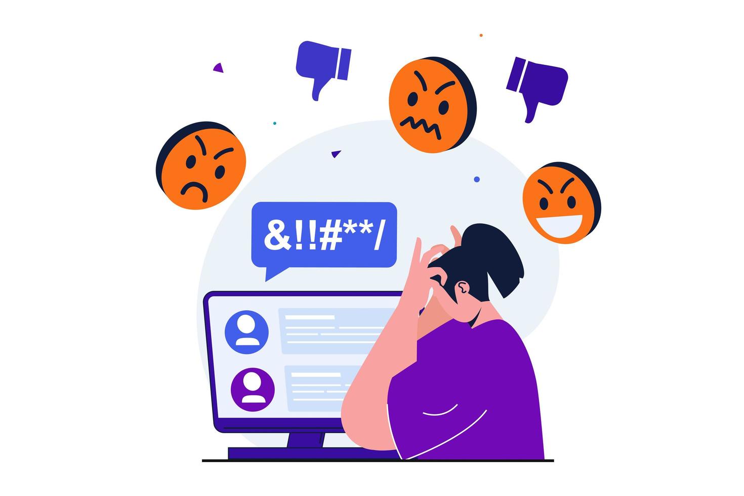 Bullying modern flat concept for web banner design. Frustrated woman reads angry and aggressive comments of haters in social networks. Cyberbullying. Vector illustration with isolated people scene