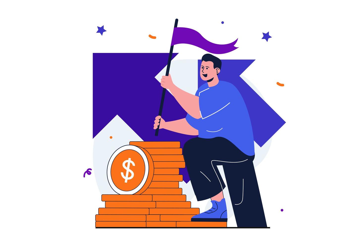 premio empresarial moderno concepto plano para diseño de banner web. hombre de negocios que sostiene la bandera y sube a la cima, aumenta los ingresos, desarrolla la empresa, logra objetivos. ilustración vectorial con escena de personas aisladas vector