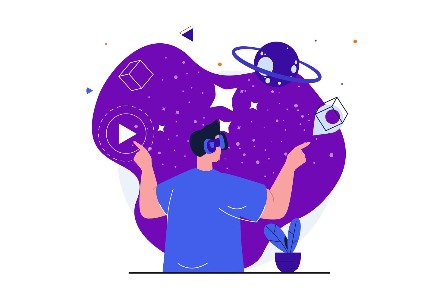 Cyberspace modern flat concept for web banner design. Man in VR glasses explores simulated space and planets in augmented reality. Interactive education. Vector illustration with isolated people scene