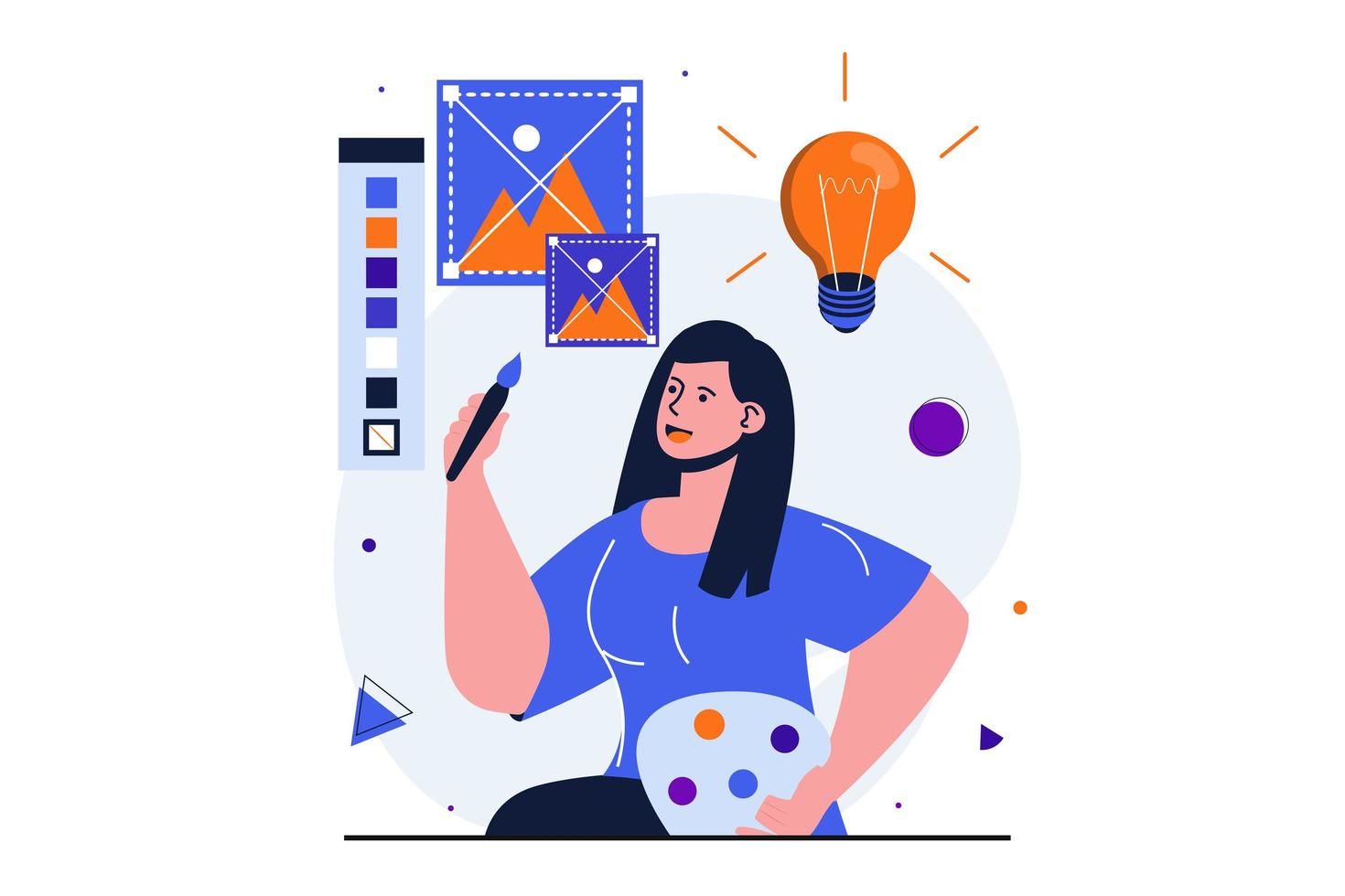 estudio de diseñador moderno concepto plano para diseño de banner web. mujer ilustradora dibujando imágenes digitales y genera ideas creativas para proyectos de arte. ilustración vectorial con escena de personas aisladas vector