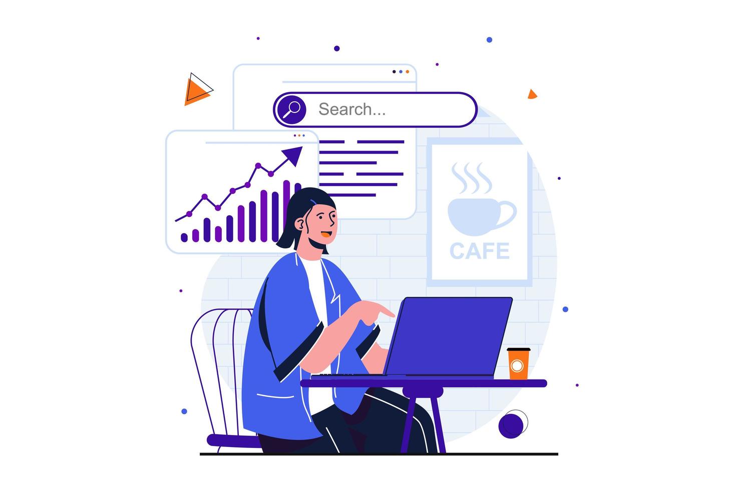 Freelance working modern flat concept for web banner design. Woman manager analyzes data from laptop, working online while sitting at table in cafe. Vector illustration with isolated people scene