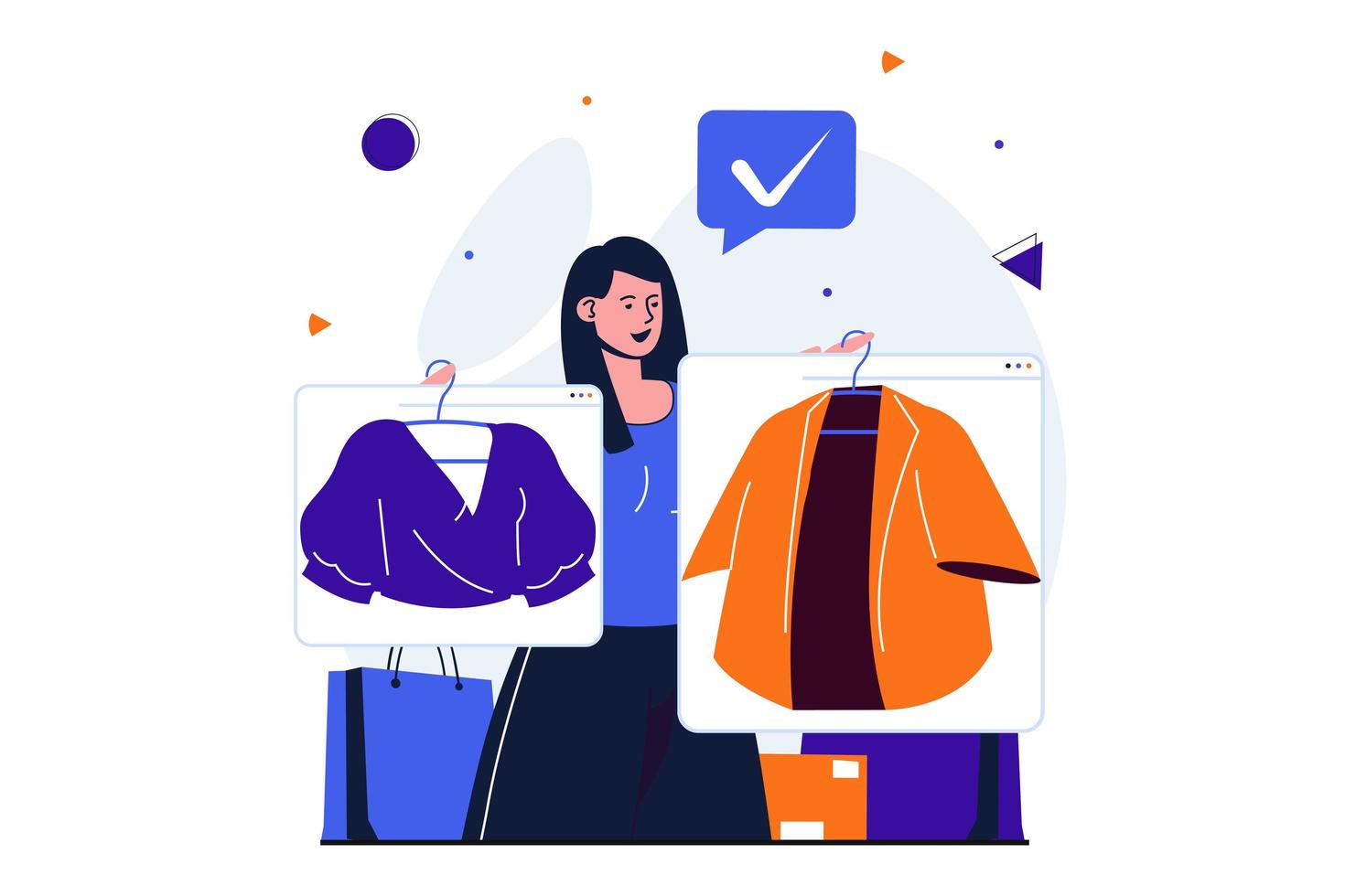 Online shopping modern flat concept for web banner design. Woman chooses clothes on fashion boutique website and makes order. Buyer makes purchases. Vector illustration with isolated people scene